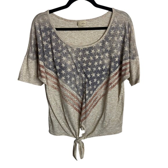 Daytrip Tops - Daytrip Size Large Linen Blend Flag Tie Knot T-Shirt Rhinestones Americana Top